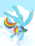  above_clouds ancesra animal_focus blue_sky blush closed_mouth cloud cutie_mark day happy highres looking_at_viewer multicolored_hair my_little_pony my_little_pony:_friendship_is_magic no_humans non-web_source outdoors pegasus rainbow_dash rainbow_hair red_eyes sky smile solo upside-down 