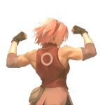  1girl artist_name back belt_pouch black_gloves double_biceps_pose fingerless_gloves flexing forehead_protector gloves hairband haruno_sakura mislaaart more_muscular_than_canon muscular muscular_female naruto_(series) naruto_shippuuden pink_skirt pouch red_hairband red_tank_top simple_background skirt solo tank_top white_background 