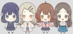  4girls :< :d ahoge amakaze_sora black_skirt black_vest blue_hair blue_shoes blue_skirt blush brown_eyes brown_hair brown_jacket cardigan chibi closed_mouth collared_shirt commentary_request flower gakuen_idolmaster grey_background grey_eyes grey_shirt hair_flower hair_ornament hairclip hanami_ume hataya_misuzu idolmaster jacket kuramoto_china long_hair long_sleeves mole mole_under_mouth multicolored_hair multiple_girls open_clothes open_jacket parted_bangs parted_lips pink_cardigan pleated_skirt puffy_long_sleeves puffy_sleeves purple_hair school_uniform shinosawa_hiro shirt shoes simple_background skirt smile streaked_hair swept_bangs very_long_hair vest white_flower white_shirt 