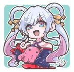  1girl :d absurdres blue_kimono chibi cho_kaguya-hime! commentary_request grey_hair hair_ornament hair_rings hair_stick highres japanese_clothes kimono open_mouth runami_yachiyo sakura_haru_(haru_sa_ku_ra) smile solo twintails 