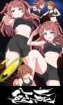  2girls abs absurdres aventador black_shorts black_sports_bra blue_eyes breasts brown_eyes brown_hair cleavage closed_mouth commentary_request commission eyelashes gakuen_idolmaster hanami_saki hanami_ume highres idolmaster long_hair midriff multiple_girls navel open_mouth pixiv_commission short_hair shorts smile split_mouth sports_bra sportswear toned toned_female two_side_up v-shaped_eyebrows 