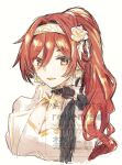  1girl amato_nagi breasts choker cleavage collared_jacket commentary_request earrings flower hair_between_eyes hair_flower hair_ornament headband high_ponytail himeko_(honkai:_star_rail) himeko_(nova)_(honkai:_star_rail) himeko_(nova)_(literary)_(honkai:_star_rail) honkai:_star_rail honkai_(series) jacket jewelry long_hair looking_at_viewer mole mole_on_breast neckerchief official_alternate_costume official_alternate_hairstyle open_clothes open_jacket planet_earrings ponytail red_hair smile star_(symbol) star_choker upper_body watermark yellow_eyes 