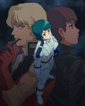  3boys aeug amuro_ray blonde_hair blue_eyes brown_hair char_aznable commentary_request expressionless full_body green_hair gundam highres jacket kamille_bidan looking_at_viewer mecha_pilot_suit military_uniform multiple_boys normal_suit_(gundam) sky star_(sky) yy0880yy zeta_gundam 