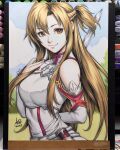  1girl 2023 armor armored_dress art_tools_in_frame asuna_(sao) asymmetrical_bangs bare_shoulders belt blue_sky braid breastplate breasts brown_eyes brown_hair closed_mouth cloud cloudy_sky commentary crown day detached_sleeves dress english_commentary hair_between_fingers highres holding holding_behind_back holding_sword holding_sword_behind_back holding_weapon holding_weapon_behind_back knights_of_blood_uniform_(sao) lips long_hair long_sidelocks long_sleeves looking_at_viewer marker_(medium) medium_breasts outdoors photo_(medium) pink_lips sheath sidelocks signature sky smile solo stanley_lau sword sword_art_online traditional_media unsheathed upper_body very_long_sidelocks weapon white_armor white_belt white_dress 