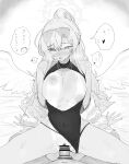  1boy 1girl absurdres arm_support bar_censor bed_sheet blue_archive breasts breasts_out breath censored center_opening clothed_sex clothing_aside commentary_request covered_navel dokunasubi dot_nose eyewear_on_head greyscale halo highres jewelry large_breasts long_hair monochrome nagisa_(blue_archive) nagisa_(swimsuit)_(blue_archive) necklace nipples one-piece_swimsuit open_mouth penis ponytail pussy raised_eyebrows sensei_(blue_archive) sex speech_bubble spoken_character sunglasses sweat swimsuit swimsuit_aside tanlines tearing_up translation_request vaginal wings 