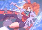  1girl a_r_q arcade black_skirt blonde_hair blue_eyes blush bow breasts coin commentary crane_game curled_ends densetsu.exe drill_hair drill_ponytail english_commentary gloves grin hair_bow highres large_breasts one_eye_closed polka_dot polka_dot_bow red_bow red_vest shirt skirt smile solo standing standing_on_one_leg vest victoria_roman virtual_youtuber white_gloves white_shirt 