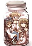  blonde_hair bow commentary_request drill_hair gaoo_(frpjx283) hair_bow highres in_container jar long_hair luna_child minigirl multiple_girls short_hair star_sapphire sunny_milk touhou trapped wavy_mouth wings 