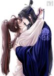  2boys ahoge alternate_color alternate_costume artist_name bathrobe black_hair blue_hanfu blue_headband blue_ribbon blush bottomyllz brown_hair chinese_clothes closed_eyes cloud_print couple english_commentary face-to-face from_side grandmaster_of_demonic_cultivation hair_ribbon half-closed_eyes hanfu headband high_ponytail highres holding holding_ribbon hug imminent_kiss lan_wangji long_hair long_sleeves looking_at_another makeup male_focus multiple_boys open_mouth parted_lips ponytail profile realistic red_ribbon ribbon robe sidelocks simple_background standing topknot upper_body very_long_hair wei_wuxian white_background white_robe wide_sleeves xiao_guan_(headdress) yaoi 