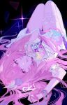  1girl amphoreus_(honkai:_star_rail) breasts commentary cyrene_(demiurge)_(honkai:_star_rail) cyrene_(honkai:_star_rail) diamond-shaped_pupils diamond_(shape) dress finger_to_mouth hair_ornament highres honkai:_star_rail honkai_(series) kare_u_don large_breasts long_hair looking_at_viewer lying mobius_strip on_back pink_hair pointy_ears purple_eyes shushing solo symbol-shaped_pupils thighs very_long_hair white_dress 