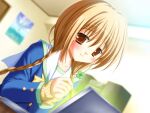  1girl blue_jacket bow bowtie braid brown_eyes brown_hair buttons closed_mouth clover clover_point computer day desk dutch_angle game_asset hinata_miori holding holding_clover indoors jacket laptop light_smile long_hair non-web_source official_art own_hands_together sailor_collar school_uniform striped_clothes sweater teardrop twin_braids white_sailor_collar yellow_bow yellow_bowtie yuyi 