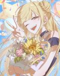  1girl absurdres balloon blonde_hair bouquet brown_eyes cho_kaguya-hime! commentary dated dated_commentary english_commentary h_tora4 hair_bun heart_balloon highres holding holding_bouquet kaguya_(cho_kaguya-hime!) long_hair one_eye_closed open_mouth single_side_bun solo star_balloon textless_version v 