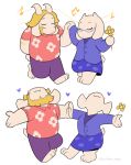  1boy 1girl absurdres artist_name asgore_dreemurr blush chibi chibi_only closed_eyes closed_mouth commentary dancing deltarune english_commentary fangs flower furry furry_female furry_male heart highres holding holding_flower holding_hands musical_note musical_staff mutliple_views pants peanuts_(comic) pencilman_draws pink_shirt purple_pants purple_shirt purple_skirt shirt skin_fangs skirt smile toriel twitter_username utdr_(toby_fox) yellow_flower 