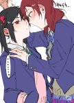 2girls black_hair blue_bow blue_bowtie blue_jacket blush bow bowtie cardigan closed_mouth commentary_request ear_blush eye_contact hands_in_pockets highres jacket looking_at_another love_live! love_live!_school_idol_project male_focus medium_hair multiple_girls nishikino_maki one_eye_closed otonokizaka_school_uniform pink_cardigan purple_eyes red_eyes red_hair school_uniform simple_background surfacedxxc translation_request twintails white_background yazawa_nico yuri 