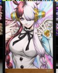  1girl 2023 abstract_background art_tools_in_frame asymmetrical_wings breasts closed_mouth commentary dress english_commentary hair_over_one_eye hair_rings headphones highres large_breasts looking_at_viewer low-tied_hair_rings marker_(medium) mismatched_wings multicolored_hair nail_polish one_piece one_piece_film:_red photo_(medium) pink_wings red_hair signature single_sleeve smile solo split-color_hair stanley_lau traditional_media two-tone_hair two-tone_wings upper_body uta_(one_piece) white_dress white_hair wings 