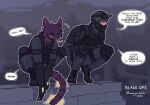 2026 anthro balaclava blush bodily_fluids boots brick brick_wall bulletproof_vest casualties:_unknown clothed clothed_anthro clothing colored crouching dialogue digital_media_(artwork) duo elbow_pads electronics english_text felid feline footwear fully_clothed fully_clothed_anthro fur gunsawian headgear headphones headset human knee_pads looking_at_another male mammal mask night_vision_goggles purple_body purple_fur shoes signature speech_bubble stare sweat sweatdrop tail text tongue tongue_out voyager_(gunsawian) wall_(structure) warjenkins