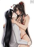  2girls ahoge alternate_costume artist_name bikini black_collar black_hair black_nails blush bottomyllz bow bow_bikini bra breasts brown_hair buckle chain cleavage collar collarbone contemporary couple earrings english_commentary eye_contact fingernails genderswap genderswap_(mtf) grandmaster_of_demonic_cultivation grey_eyes hair_bow hand_on_another's_ass hand_on_another's_shoulder heart heart-shaped_buckle heart_earrings highleg highres hug imminent_kiss jewelry lan_wangji large_breasts leash long_hair looking_at_another multiple_girls nail_polish panties parted_lips piercing ponytail profile realistic red_bikini red_bow red_bra red_panties revealing_clothes sharp_fingernails shirt sidelocks simple_background sitting sitting_on_lap sitting_on_person smile spiked_collar spikes straddling swimsuit underwear very_long_hair wei_wuxian white_background white_shirt yuri 