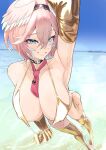  1girl bikini blue_eyes breasts cleavage commentary_request ewokakuyorozuya gloves gold_bikini gold_gloves golden_week hair_between_eyes hairband head_wings highres hololive holox large_breasts looking_at_viewer necktie pink_hair satin_bikini shiny_swimsuit short_hair side-tie_bikini_bottom smile solo swimsuit takane_lui triangle_bikini_top virtual_youtuber wings yellow_bikini 