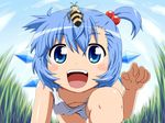  :d alternate_hairstyle bee blue_eyes blue_hair blush_stickers bug child cirno commentary_request downblouse extended_downblouse grass hair_bobbles hair_ornament ice ice_wings insect open_mouth panties shirosato side_ponytail smile solo striped striped_panties touhou underwear wings 