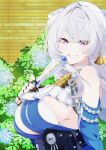  1girl absurdres ascot bare_shoulders black_gloves blue_dress blue_flower breasts bush clothing_cutout commentary_request dress earrings flower folded_fan folding_fan from_side gloves grey_hair grin hair_over_one_eye hand_fan hand_up highres hiragi_okitan19 holding holding_fan jewelry large_breasts long_hair looking_at_viewer pointy_ears purple_eyes shoulder_cutout sideboob smile solo upper_body velina_airgid yellow_ascot zenless_zone_zero 