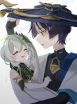  1boy 1girl armlet black_bodysuit black_bridal_gauntlets blue_cape blue_eyes blue_hat blue_jingasa blue_sleeves blunt_ends bodysuit bridal_gauntlets cape carrying child_carry clenched_hand closed_eyes commentary_request curled_fingers detached_sleeves dress eyeliner facing_another genshin_impact gold gold_armlet gold_trim green_sleeves hand_on_another's_chest hand_up happy hat highres improvised_umbrella japanese_clothes jewelry jingasa kimono layered_sleeves light_blush long_hair looking_at_another makeup mandarin_collar nahida_(genshin_impact) open_clothes open_kimono open_mouth rain rainbow red_eyeliner scaramouche_(genshin_impact) shared_hat short_sleeves side_cape side_ponytail sidelocks tarou_ota0 wanderer_(genshin_impact) white_background white_dress white_hair white_kimono white_sleeves 