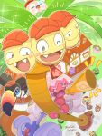  1girl alolan_exeggutor ascot blonde_hair blue_eyes bush commentary_request ditto eevee fangs from_above hat highres house jigglypuff jigglypuff_(summer_fun) leah_(pokemon) looking_up open_mouth pikachu pokemon pokemon_(creature) pokemon_cafe_remix ponytail red_ascot red_hat rowlet runachikku tatsugiri tatsugiri_(curly) tinkaton toucannon 