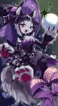  1girl absurdres animal_ears animal_feet animal_hands animal_nose bags_under_eyes belt black_background black_belt black_collar black_hair blush body_fur book breasts cat_ears cat_paws cat_tail claws collar commentary_request crossed_legs detached_sleeves duel_monster fairy_tail_wickat fang furry furry_female grey_fur hat hat_ornament heart highres holding holding_orb kanzakietc long_sidelocks looking_at_viewer multicolored_hair open_book open_mouth orb pants pawpads purple_hair purple_pants purple_ribbon purple_streaks red_eyes ribbon sidelocks small_breasts solo sparkle spiked_collar spikes star_(symbol) star_hat_ornament streaked_hair tail tail_belt tail_ornament tongue tongue_out white_hair white_streaks witch_hat yu-gi-oh! 