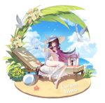  1girl alternate_costume arm_ribbon ball bare_shoulders beach beach_bag beachball bikini bird black_hair blue_sky bow bowtie breasts character_name closed_eyes closed_mouth cloud cocktail cocktail_glass columbina_(genshin_impact) commentary crazy_straw cup day drinking_glass drinking_straw eye_mask flower frilled_bikini frills front-tie_bikini_top front-tie_top genshin_impact gradient_hair hand_on_headwear hat hat_feather heart heart_straw highres leg_bow leg_ribbon long_hair long_sidelocks luonnotar_(genshin_impact) mask multicolored_hair navel ocean outdoors pine_(angel4195202) purple_hair purple_streaks ribbon seagull see-through_clothes see-through_mask sidelocks sky smile solo stomach streaked_hair sun_hat sunglasses swimsuit two-tone_hair untranslatable_commentary veil very_long_hair white_bikini white_hat white_mask white_ribbon wrist_bow 