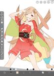  1girl animal_ears art_program_in_frame blonde_hair brown_eyes brown_hair cho_kaguya-hime! colored_inner_hair commentary_request crescent crescent_hair_ornament egasumi hair_ornament highres japanese_clothes kaguya_(cho_kaguya-hime!) kanade_(kanade_3344) kimono long_hair low-tied_long_hair multicolored_hair one_eye_closed open_mouth rabbit_ears rabbit_girl red_kimono simple_background solo white_background 