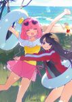  1boy 2girls animification artist_name baseball_bat black_eyes black_hair black_shirt blindfold blue_sky bob_cut breasts closed_eyes collarbone collared_jacket commentary eyewear_on_head heart heart-shaped_eyewear highres holding holding_baseball_bat holding_swim_ring houjou_emu hug innertube jacket kamen_rider kamen_rider_ex-aid_(series) kei_(momojellyfish) looking_at_viewer medium_breasts multiple_girls ocean one-piece_swimsuit open_clothes open_jacket open_mouth outdoors outstretched_arms palm_tree pink-framed_eyewear pink_hair pink_skirt poppi_pipopapo red_jacket red_shorts saiba_niko sand shirt short_hair shorts skirt sky sunglasses swim_ring swimsuit tree upper_body yellow_one-piece_swimsuit yellow_shirt 