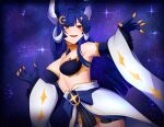  1girl adhesive_bra blue_hair breasts cleavage commentary constellation constellation_hair_ornament crescent crescent_hair_ornament dragon_girl dragon_horns english_commentary gold_claws grey_horns hair_ornament highres horns indie_virtual_youtuber krinkles large_breasts long_hair red_eyes solo star_(sky) starry_hair vienna_(4th_costume)_(vtuber) vienna_(vtuber) virtual_youtuber 
