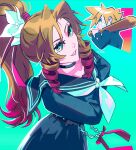 1boy 1girl aerith_gainsborough aerith_gainsborough_(midgard_seventh_high_school) aqua_background bandaid bandaid_on_cheek bandaid_on_face baseball_bat belt black_choker black_gloves black_jacket black_sailor_collar black_serafuku black_shirt black_skirt blonde_hair brown_hair choker cloud_strife cloud_strife_(midgard_seventh_high_school) colored_tips crossed_arms drill_hair earrings emi-bianchi final_fantasy final_fantasy_vii final_fantasy_vii:_ever_crisis flower gakuran gloves green_eyes hair_flower hair_ornament hair_ribbon highres holding holding_baseball_bat jacket jewelry looking_at_viewer multicolored_hair neckerchief official_alternate_costume over_shoulder parted_bangs parted_lips pink_hair pink_ribbon ponytail ribbon sailor_collar school_uniform serafuku shirt short_hair side_ponytail sidelocks single_earring skirt spiked_hair stud_earrings studded_belt studs twin_drills upper_body weapon weapon_over_shoulder white_flower white_neckerchief 