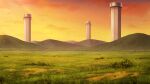  absurdres artist_request bush cloud field game_asset grass highres landscape mountain no_humans orange_sky outdoors scenery sky third-party_source touhou touhou_spell_carnival tower twilight 