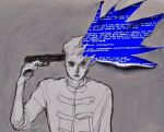  1boy blue_screen_of_death english_text gun gun_to_own_head hand_up handgun headshot holding holding_gun holding_weapon limited_palette male_focus original revol4357 short_hair solo suicide torn_paper upper_body weapon 