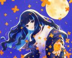  1girl black_hair blue_hair blue_jacket breasts commentary_request eyeliner fate/grand_order fate_(series) flower full_moon grey_eyes hmr_alter7 jacket jewelry long_hair long_sleeves looking_at_viewer makeup moon necklace night off_shoulder open_mouth shirt small_breasts smile solo tenochtitlan_(fate) white_shirt 