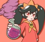  1girl :o ashley_(warioware) beachepisode black_hair colored_smoke commentary dress english_commentary flask hair_between_eyes hairband highres holding holding_flask long_hair long_sleeves looking_at_viewer neckerchief open_mouth orange_hairband orange_neckerchief purple_liquid red_background red_dress red_eyes round-bottom_flask skull_ornament smoke solo twintails warioware 