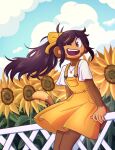 anthro bloons_tower_defense blue_sky bow_ribbon brown_body brown_eyes clothing dress fence flower hair haplorhine hi_res jewelry kittkobold looking_at_viewer mammal monkey necklace ninja_kiwi one_eye_closed plant ponytail primate sitting_on_fence sky solo sundress sunflower tunasalmon wink
