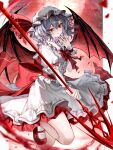  1girl absurdres back_bow bat_wings blue_hair bow bowtie closed_mouth collared_shirt commentary frilled_shirt_collar frilled_skirt frills full_moon hair_between_eyes hat hat_ribbon highres holding holding_polearm holding_weapon leg_up looking_at_viewer medium_hair mob_cap moon pointy_ears polearm puffy_short_sleeves puffy_sleeves red_bow red_bowtie red_eyes red_moon red_shoes red_sky red_wings remilia_scarlet ribbon shirt shoes short_sleeves skirt skirt_set sky sleeve_bow smile socks solo spear spear_the_gungnir tomura_amane touhou weapon white_hat white_shirt white_skirt white_socks wings 