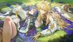  2girls absurdres arknights blonde_hair blue_eyes blue_hair blue_horns breasts closed_mouth colored_extremities commentary dragon_girl dragon_horns dragon_tail eastern_dragon_horns eastern_dragon_tail english_commentary esnowg hair_between_eyes hair_spread_out highres horns ling_(arknights) long_hair looking_at_viewer lying meadow multicolored_hair multiple_girls necktie outdoors pointy_ears shu_(arknights) small_breasts smile strapless tail tube_top very_long_hair white_tube_top yellow_hands yellow_necktie 
