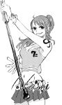  1girl ahoge bracelet breasts character_name cleavage clima-tact cowboy_shot crop_top earrings eyelashes greyscale grin high_ponytail holding holding_staff jewelry long_hair midriff monochrome nami_(one_piece) navel one_piece ponytail shoulder_tattoo simple_background skirt smile solo staff tank_top tattoo third-party_source ume_(ume_boshi1020) white_background 