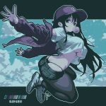  1girl artist_name ass baseball_cap black_hair black_pantyhose blowing_bubble_gum blue_eyes breasts butt_crack chewing_gum cloud commentary_request covered_nipples cropped_shirt denim denim_shorts from_side full_body hair_between_eyes hat highleg highleg_panties highres jacket jumping large_breasts long_sleeves looking_to_the_side micro_shorts open_clothes open_jacket original panties pantyhose pixel_art shirt shirt_overhang shoes shorts sidelocks sky sleeves_past_wrists sneakers socks solo specialhanako t-shirt thong thong_panties underboob underwear white_shirt white_socks zipper 