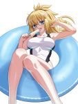  1girl absurdres armpits bare_arms bare_legs bare_shoulders black-framed_eyewear blonde_hair blue_eyes blush breasts collarbone commentary competition_swimsuit covered_navel english_commentary fate/grand_order fate_(series) first-party_extraction food food_in_mouth glasses hair_between_eyes hair_ribbon hand_up high_ponytail highleg highleg_one-piece_swimsuit highres holding holding_food holding_popsicle jeanne_d'arc_(fate) jeanne_d'arc_(swimsuit_archer)_(second_ascension)_(fate) large_breasts licking long_hair looking_at_viewer lostorder one-piece_swimsuit open_mouth ponytail popsicle popsicle_in_mouth ribbon simple_background sitting smile solo sweat swim_ring swimsuit tongue tongue_out very_long_hair white_background white_one-piece_swimsuit 