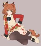  1girl absurdres animal_ears asdf_4532 aston_machan_(flare)_(umamusume) aston_machan_(umamusume) black_bow black_bowtie blush bow bowtie brown_background brown_hair brown_jacket brown_shoes brown_tail brown_thighhighs buttons collared_shirt commentary crown double-breasted footwear_bow from_above full_body green_eyes hair_between_eyes hand_on_ground hand_on_own_hip highres horse_ears horse_girl horse_tail jacket looking_at_viewer lying medium_hair multicolored_jacket on_side raglan_sleeves raised_eyebrows reclining red_bow red_jacket red_nails red_sash red_scrunchie sash scrunchie shirt shoes side_ponytail sidelocks sideways_glance simple_background sleeve_cuffs smile solo tail thighhighs thighs two-tone_jacket umamusume white_shirt 