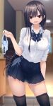  1girl aqua_panties arm_at_side black_eyes black_hair black_thighhighs blue_bow blue_bowtie blue_skirt blurry blurry_background bow bowtie breast_pocket breasts buttons collared_shirt commentary_request contrapposto cowboy_shot depth_of_field fiesuke hallway hand_up highres holding holding_panties holding_underwear holding_unworn_clothes indoors large_breasts long_hair looking_at_viewer miniskirt no_panties open_mouth original panties parted_bangs pleated_skirt pocket polka_dot polka_dot_panties presenting_removed_panties school_uniform see-through_clothes see-through_silhouette see-through_skirt shirt skindentation skirt sleeves_rolled_up solo standing straight_hair striped_bow striped_bowtie striped_clothes thighhighs three-quarter_sleeves underwear unworn_panties very_long_hair white_shirt 