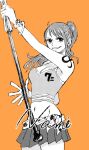  1girl ahoge bracelet breasts character_name cleavage clima-tact cowboy_shot crop_top earrings eyelashes greyscale_with_colored_background grin high_ponytail holding holding_staff jewelry long_hair midriff nami_(one_piece) navel one_piece orange_background ponytail shoulder_tattoo simple_background skirt smile solo staff tank_top tattoo third-party_source ume_(ume_boshi1020) 