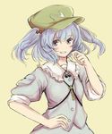  bad_id bad_pixiv_id blue_eyes blue_hair blush_stickers grin hair_bobbles hair_ornament hand_on_hip hat inazakura00 kawashiro_nitori key shirt skirt skirt_set sleeves_rolled_up smile solo touhou two_side_up 