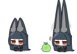  1girl absurdres animal_ear_fluff animal_ears black_necktie black_shirt black_skirt blunt_bangs blush_stickers cape chibi chibi_only collared_shirt comically_large_ears commentary_request food fox_ears fox_girl fruit green_cape green_sleeves highres hoshimi_miyabi long_sleeves melon necktie no_mouth no_nose red_eyes shadow shinonome_nashi shirt simple_background skirt solo standing surprised v-shaped_eyebrows white_background white_shirt zenless_zone_zero 