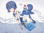  1girl bare_shoulders blue_eyes blue_hair blue_pants blue_sailor_collar blue_shoes commentary_request flip-flops hairband hrdrifter lana_(pokemon) looking_at_viewer one-piece_swimsuit pants pokemon pokemon_(creature) pokemon_sun_and_moon popplio sailor_collar sandals shoes smile swimsuit swimsuit_under_clothes water 