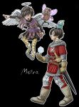  1girl 2boys angel_wings artist_name black_background black_thighhighs black_tunic blonde_hair boots brown_hair commentary_request creature_on_head dark-skinned_female dark_skin dragon_quest dragon_quest_ix dragon_quest_x dress fairy fairy_wings feathered_wings flower flying gloves grey_boots grey_gloves hair_flower hair_ornament halo hero_(dq10) hero_(dq9) highres knee_pads multiple_boys open_mouth orange_dress pants parted_bangs pink_flower pointing red_pants red_tunic sandy_(dq9) short_hair smile sword thighhighs toriyama_akira_(style) traditional_halo tunic walking weapon white_wings wings yamuchasiyagatte 
