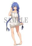  1girl ahoge barefoot black_ribbon blue_eyes blue_hair blush braid closed_mouth collarbone crossed_bangs full_body hair_between_eyes hair_ribbon hand_up holding_own_skirt long_hair looking_at_viewer messy_hair mushoku_tensei nightgown nightgown_hold official_art ribbon roxy_migurdia sample_watermark simple_background solo spaghetti_strap standing toes twin_braids watermark white_background white_nightgown 