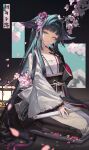  1girl absurdres animal_ears aqua_eyes arknights black_hair blue_eyes blunt_bangs breasts cherry_blossoms chest_sarashi closed_mouth commentary flower full_body hair_flaps hair_flower hair_intakes hair_ornament hair_wings highres holding holding_weapon japanese_clothes kimono long_hair long_sleeves looking_at_viewer mio_(arknights) multicolored_hair obi petals pink_flower purple_hair sarashi sash seiza sheath short_sword sitting smile solo super_h2o sword very_long_hair wakizashi weapon wide_sleeves 